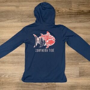 Southern Tide Hooded Long Sleeve Shirt Boys XL Blue Fishing Graphic Tee